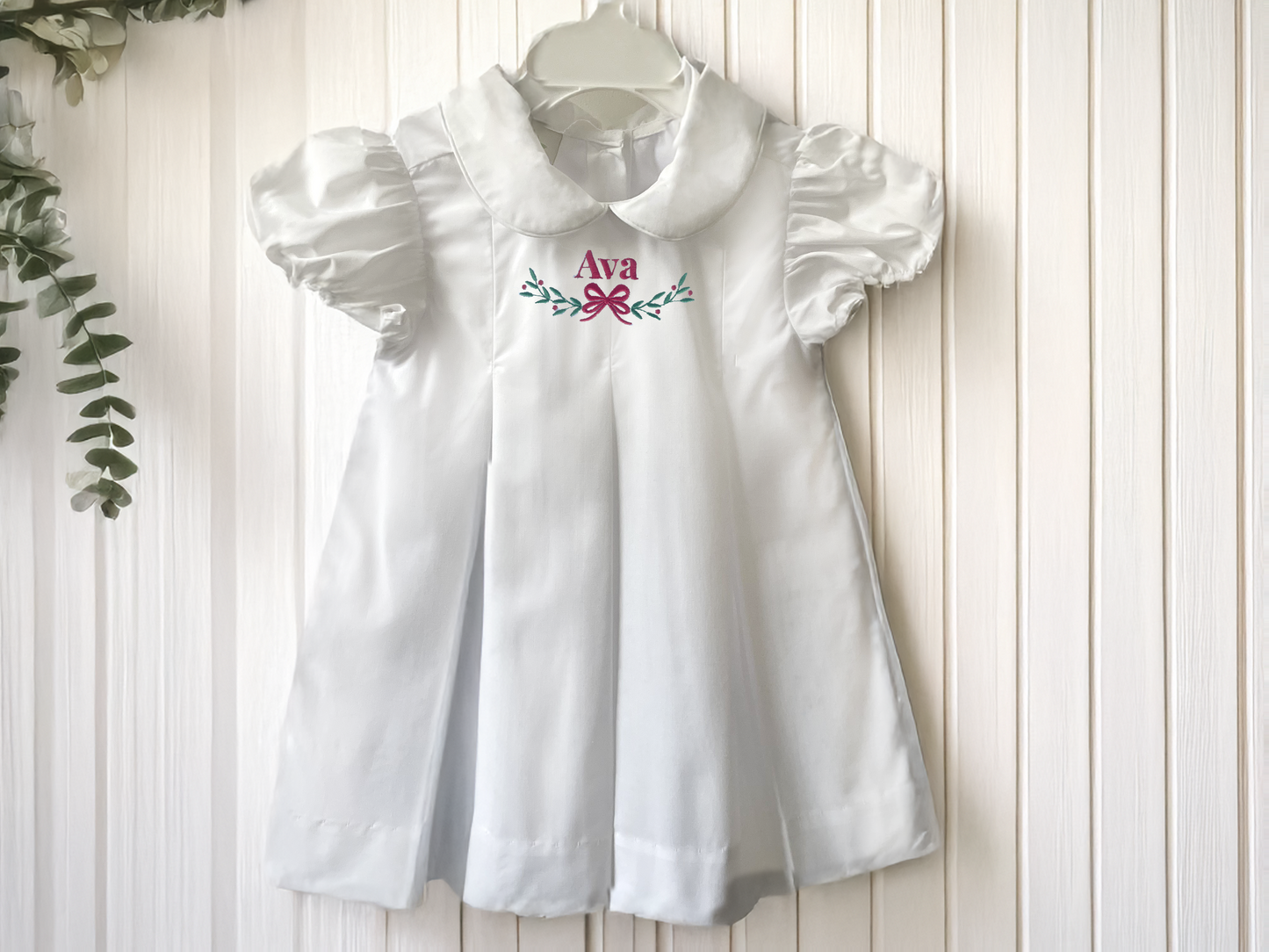 White Custom Name Monogrammed Christmas Dress for Toddlers and Little Girls