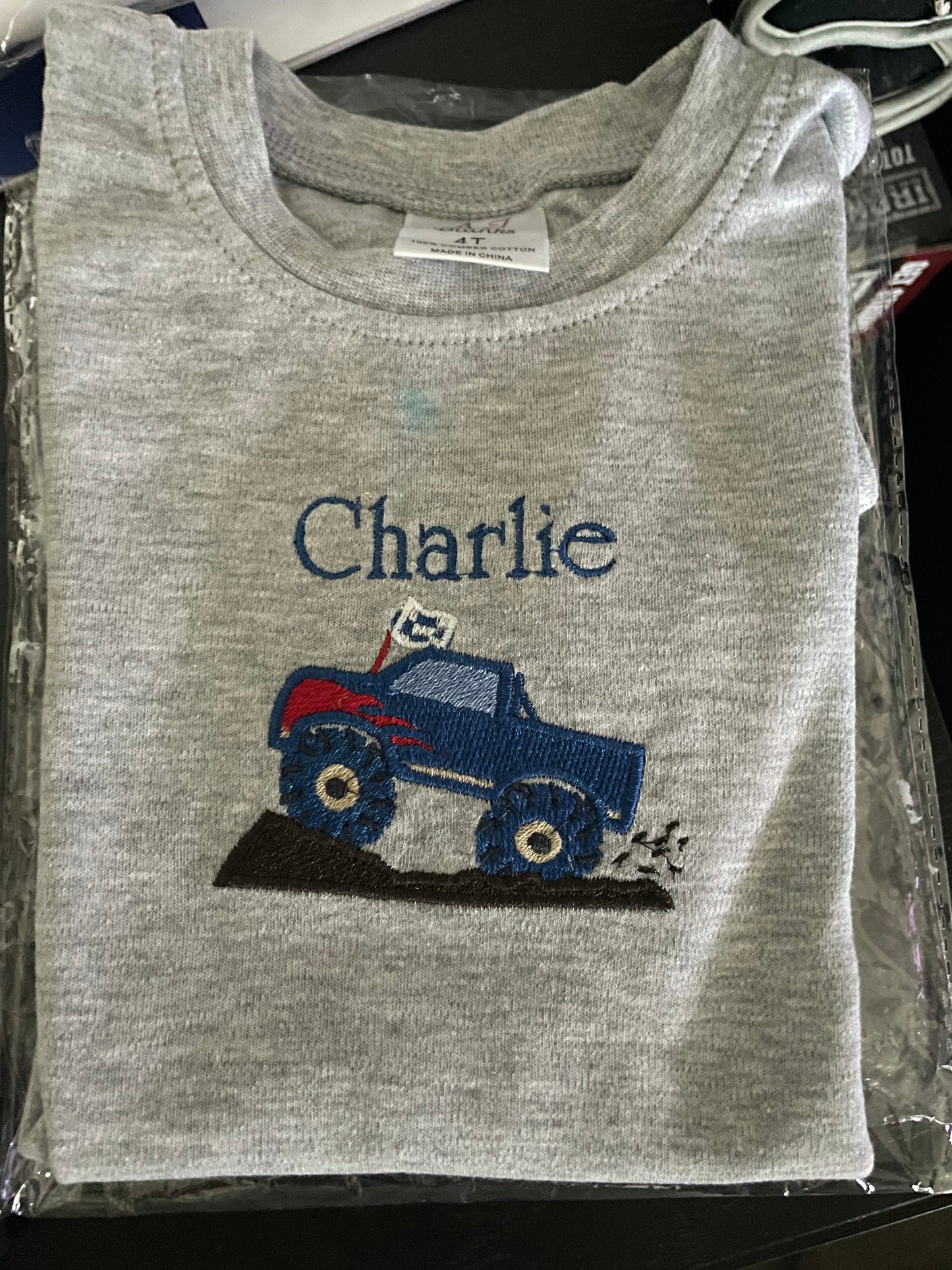 Monster Truck Name Tee – Custom Embroidered Shirt for Little Boys