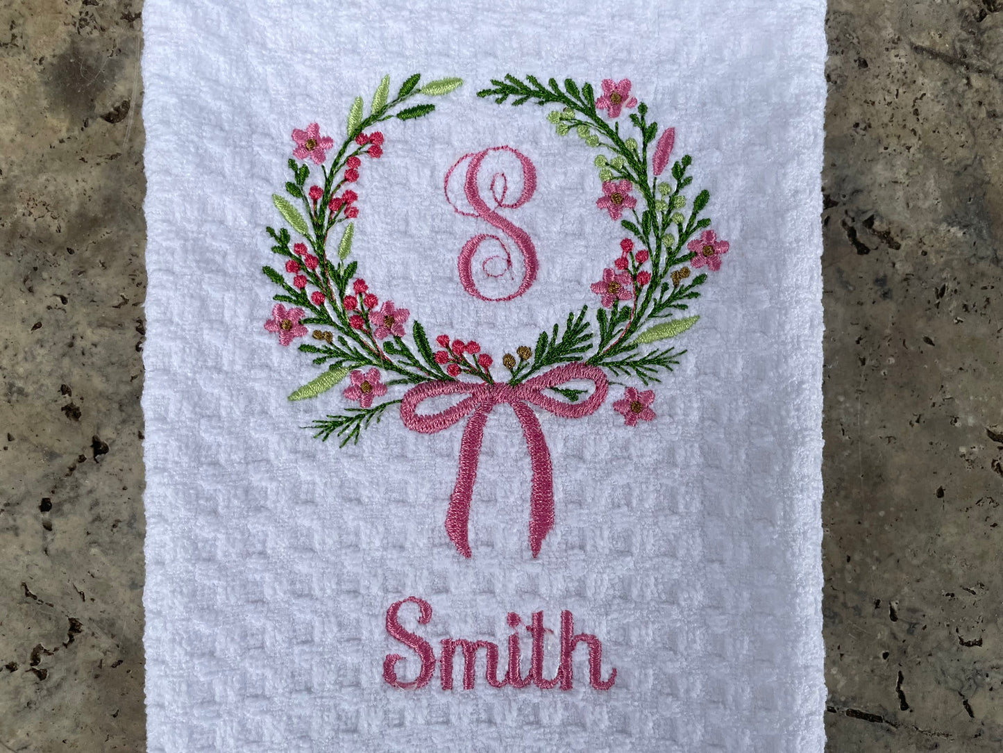 Pretty in Pink Floral Wreath Name Towel