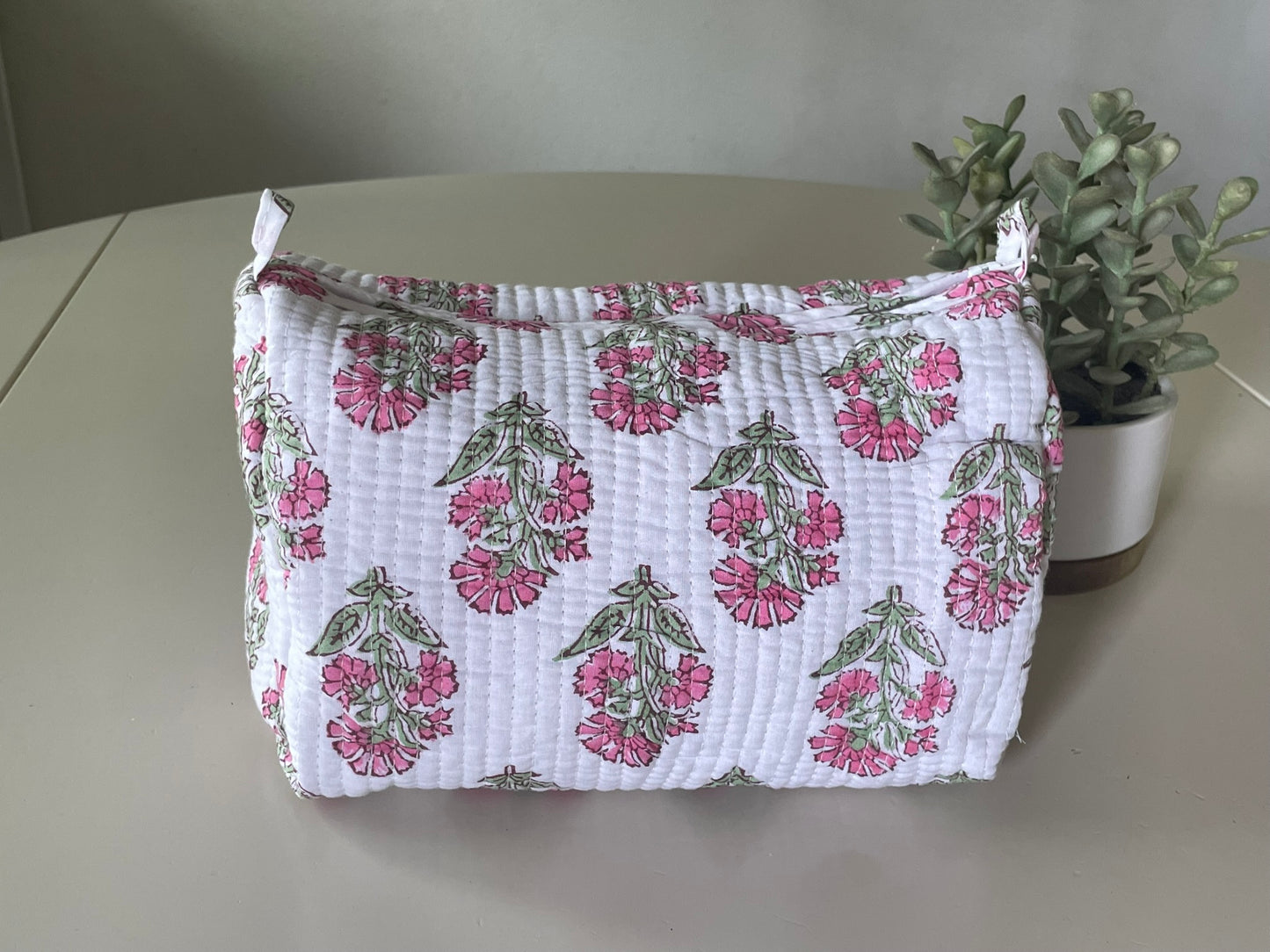 Pink Block Print Makeup Bag with Classic 3 Initial Monogram