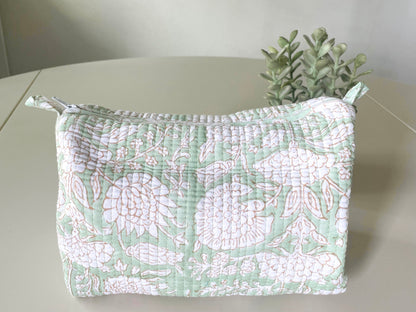 Green Vine Block Print Makeup Bag with Classic 3 Initial Monogram