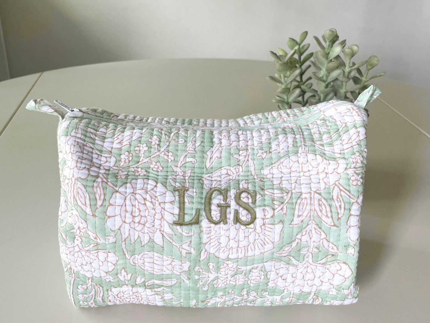 Green Vine Block Print Makeup Bag with Classic 3 Initial Monogram