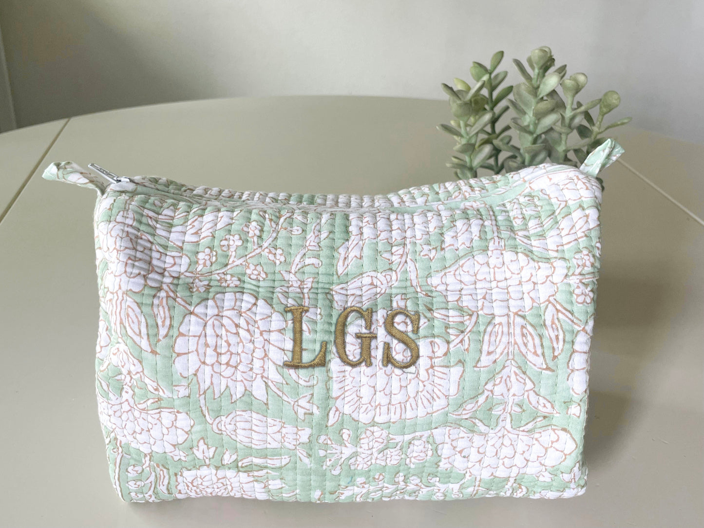 Green Vine Block Print Makeup Bag with Classic 3 Initial Monogram