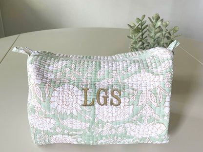 Green Vine Block Print Makeup Bag with Classic 3 Initial Monogram