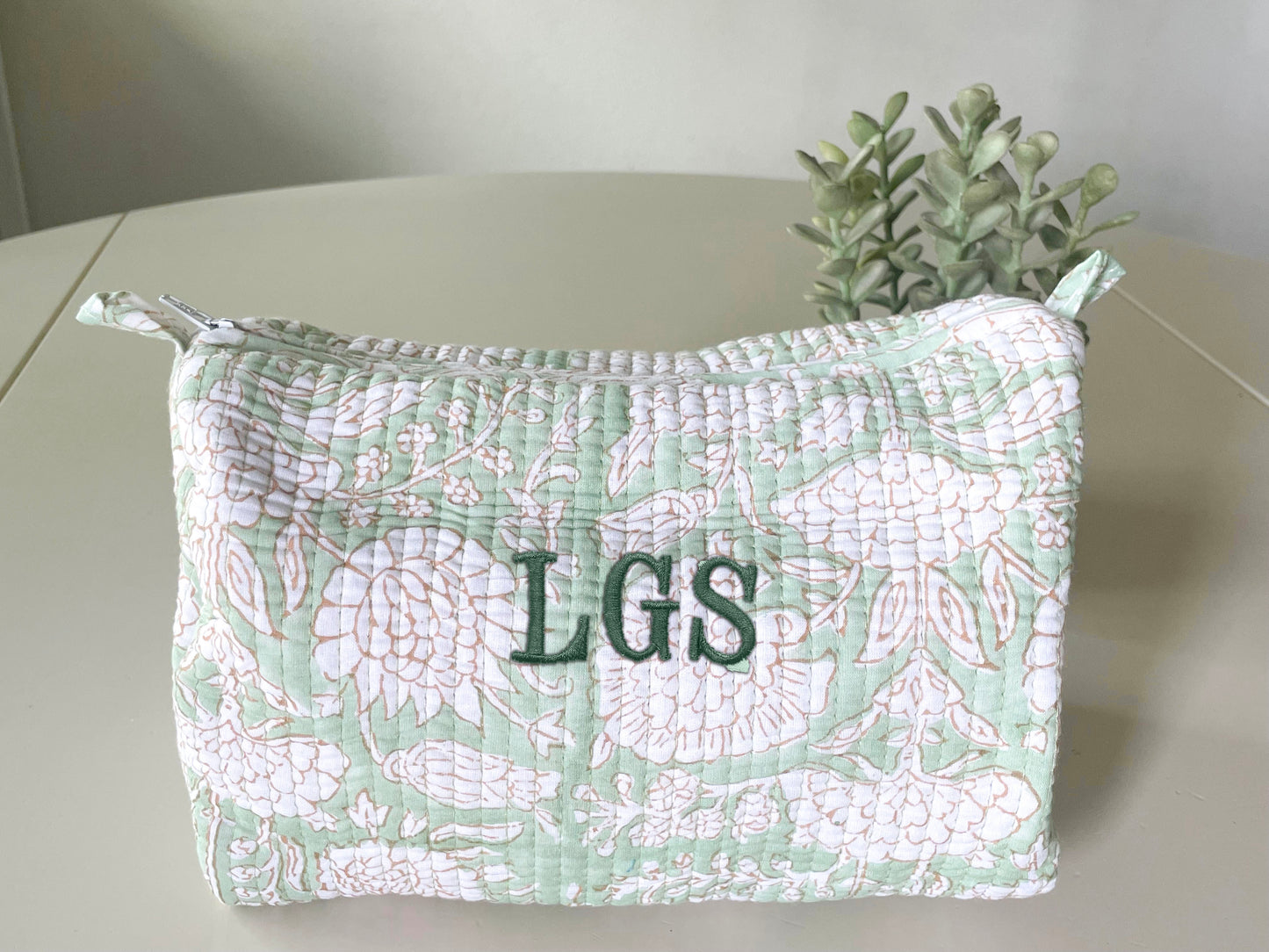 Green Vine Block Print Makeup Bag with Classic 3 Initial Monogram