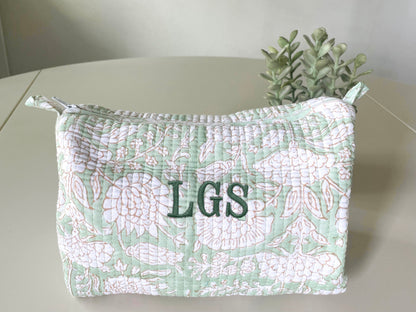 Green Vine Block Print Makeup Bag with Classic 3 Initial Monogram