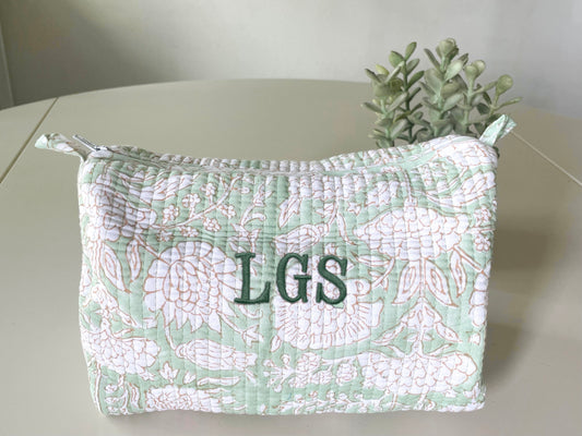 Green Vine Block Print Makeup Bag with Classic 3 Initial Monogram
