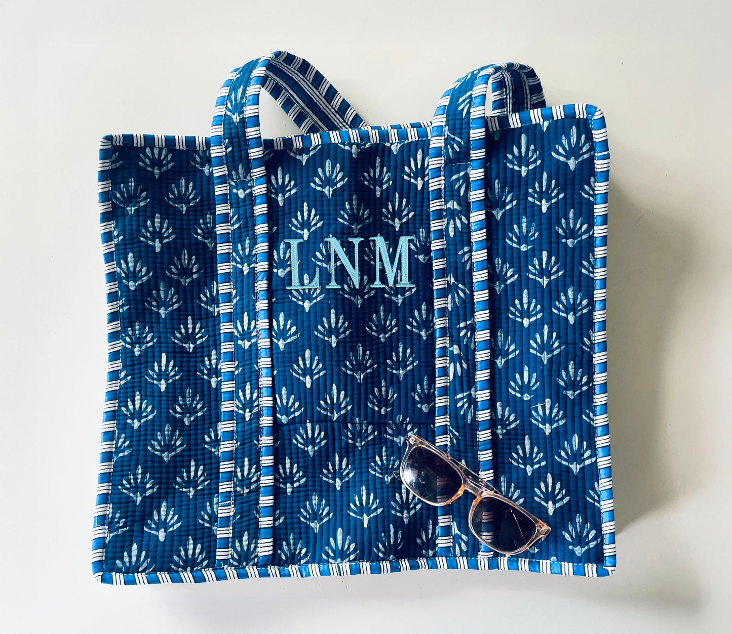 Navy Block Print Totes with Classic 3 Initial Monogram