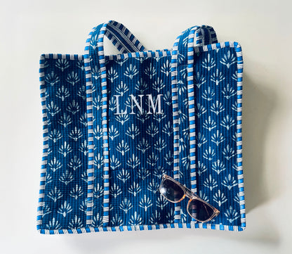 Navy Block Print Totes with Classic 3 Initial Monogram