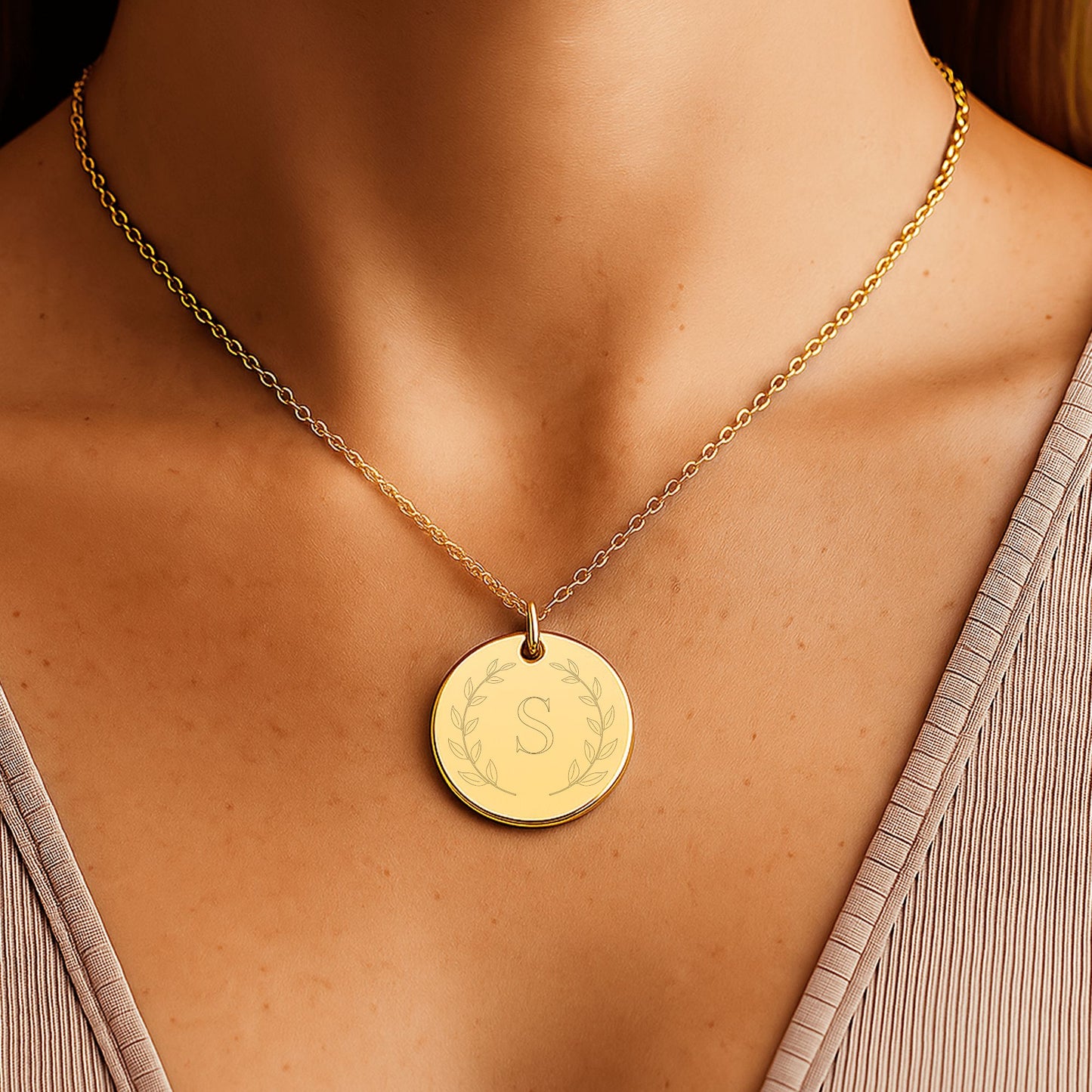 Personalized Laurel Initial Coin Necklace