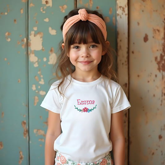 Adorable Floral Tee – Custom Embroidered Shirt for Little Girls