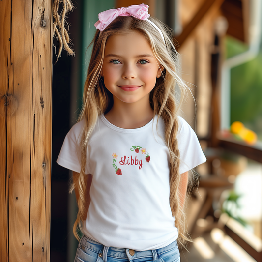 Sweet Strawberry Name Tee – Custom Embroidered Shirt for Little Girls