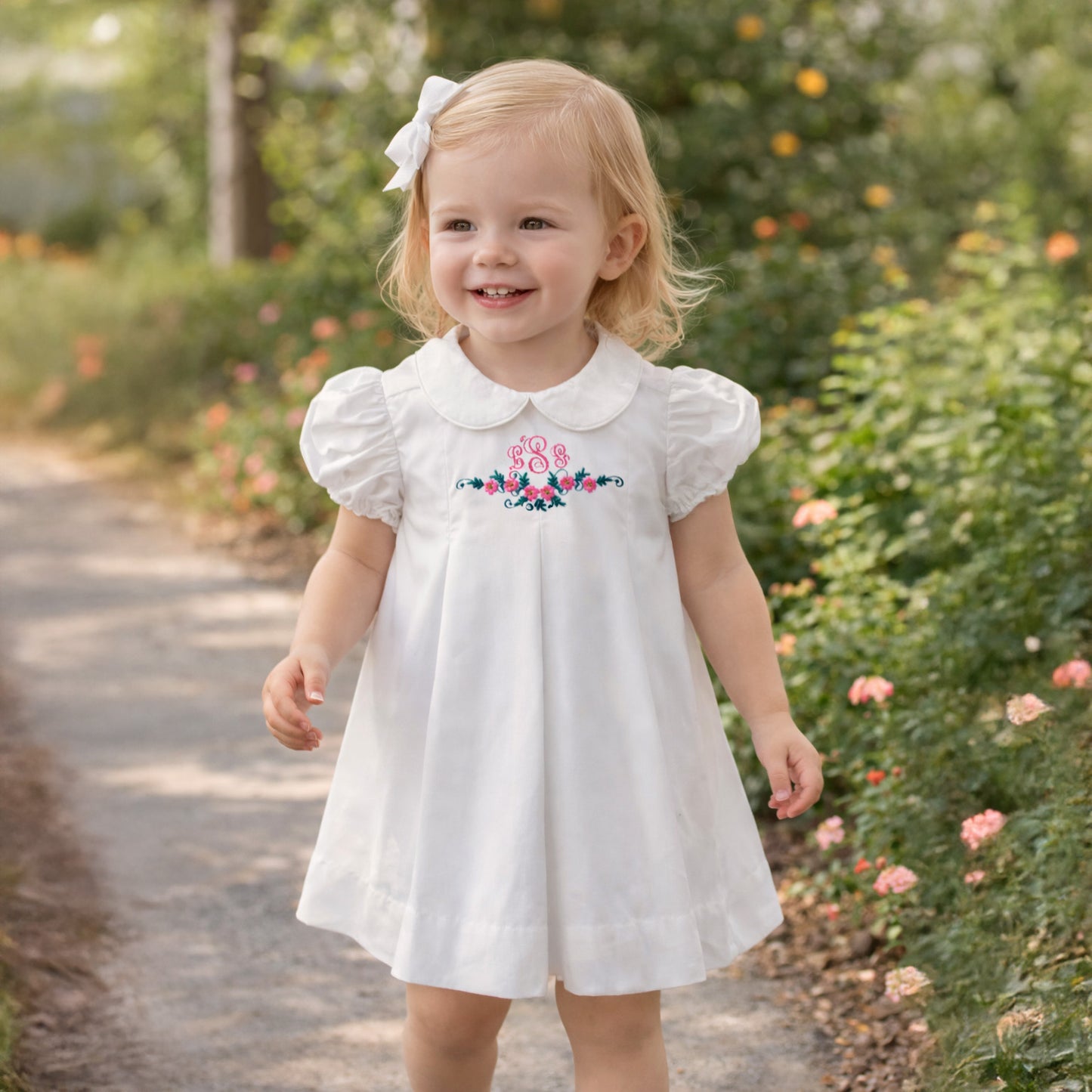 Monogrammed Flower Laurel Embroidered Dress: Heirloom White Baby/Toddler Dress