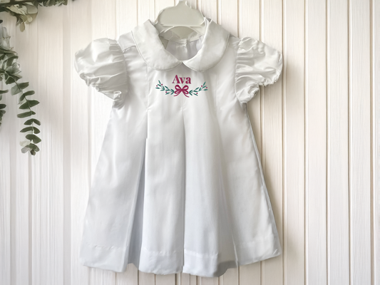 White Custom Name Monogrammed Christmas Dress for Toddlers and Little Girls