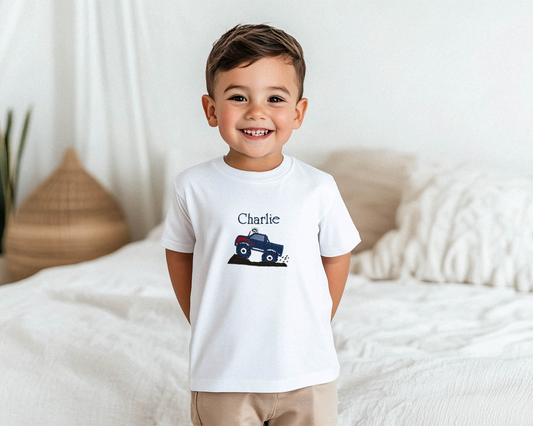 Monster Truck Name Tee – Custom Embroidered Shirt for Little Boys