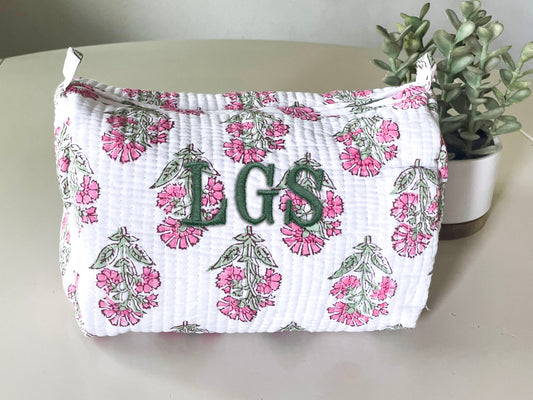 Pink Block Print Makeup Bag with Classic 3 Initial Monogram
