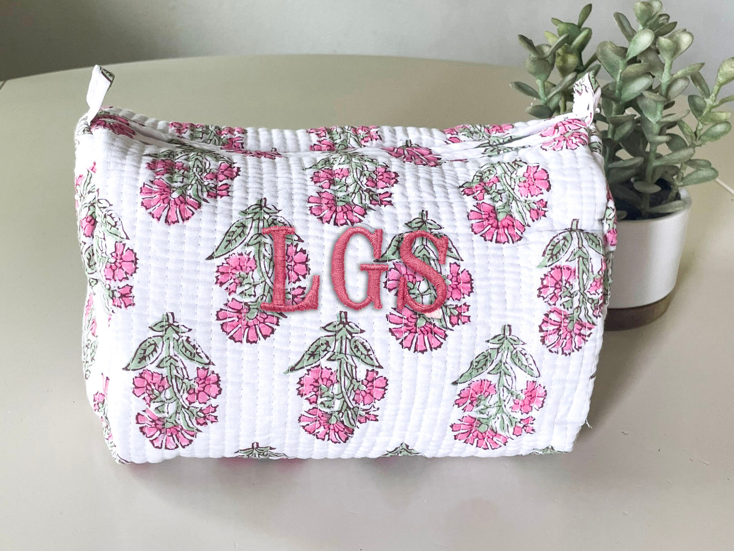 Pink Block Print Makeup Bag with Classic 3 Initial Monogram