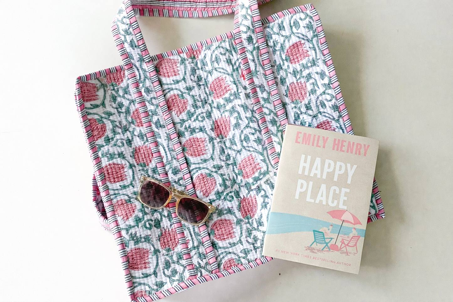 Pink Vine Block Print Totes with Classic 3 Initial Monogram