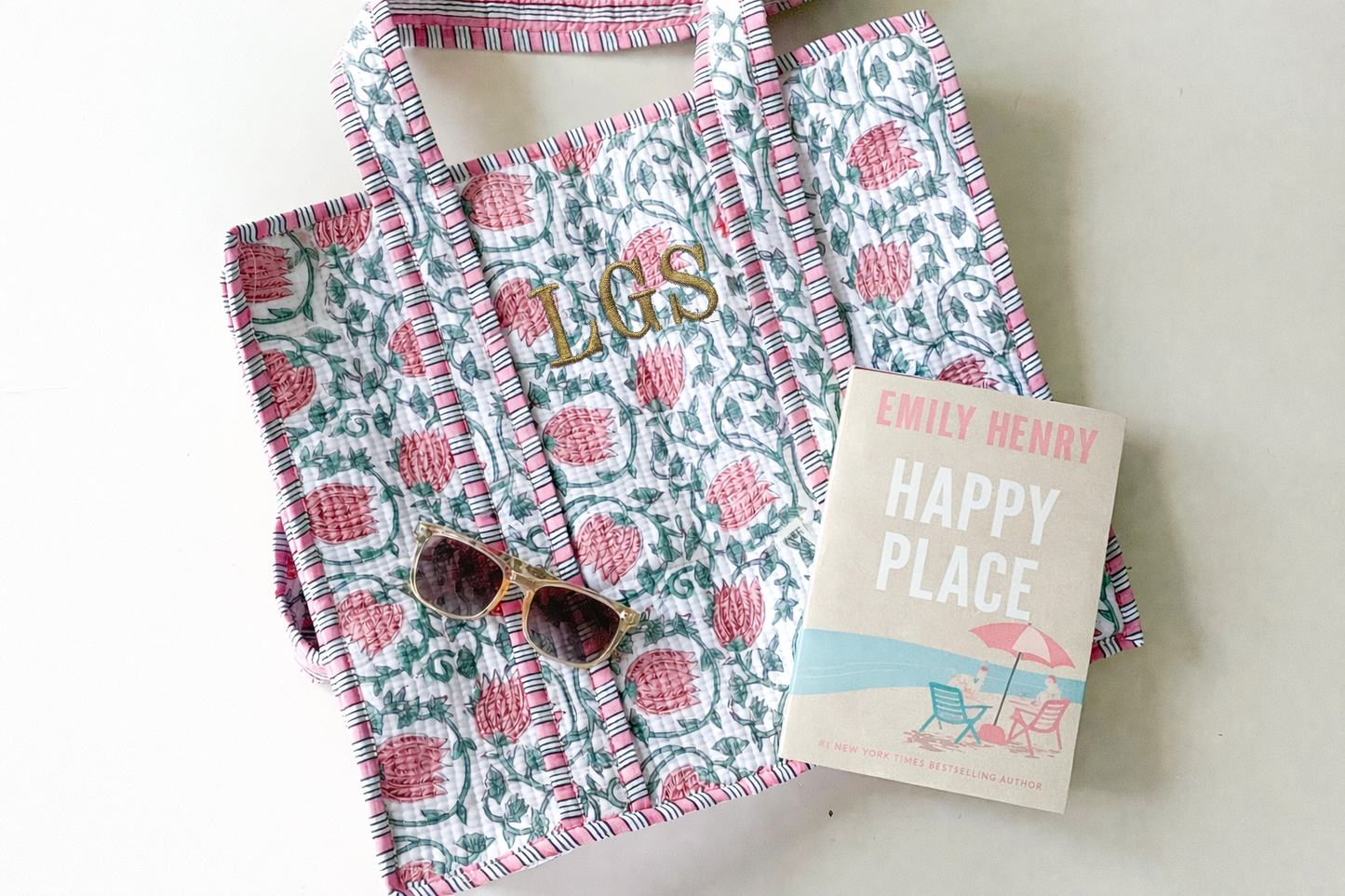 Pink Vine Block Print Totes with Classic 3 Initial Monogram