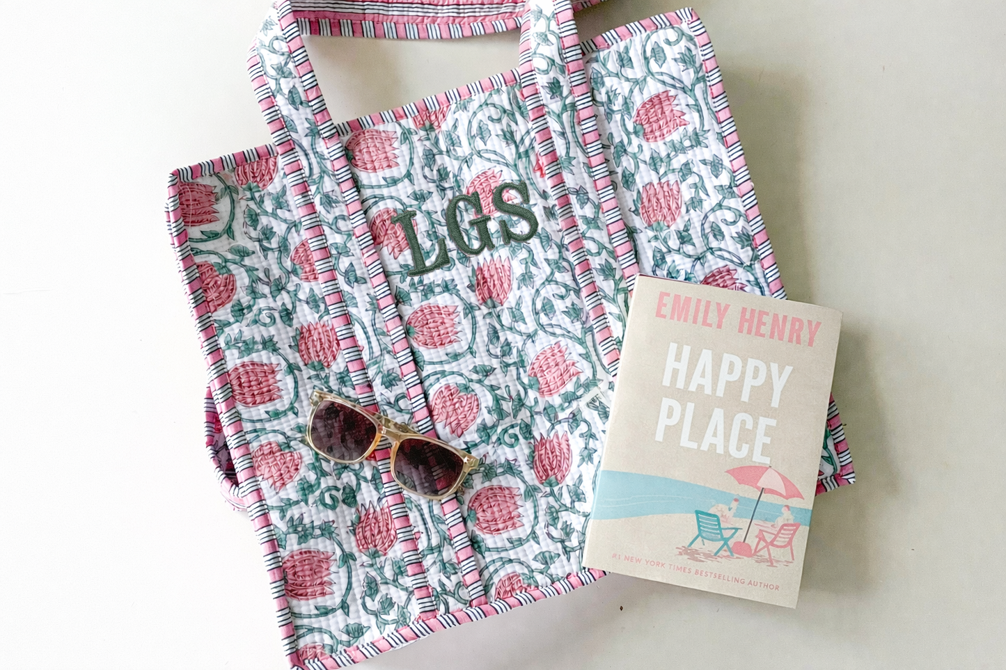 Pink Vine Block Print Totes with Classic 3 Initial Monogram