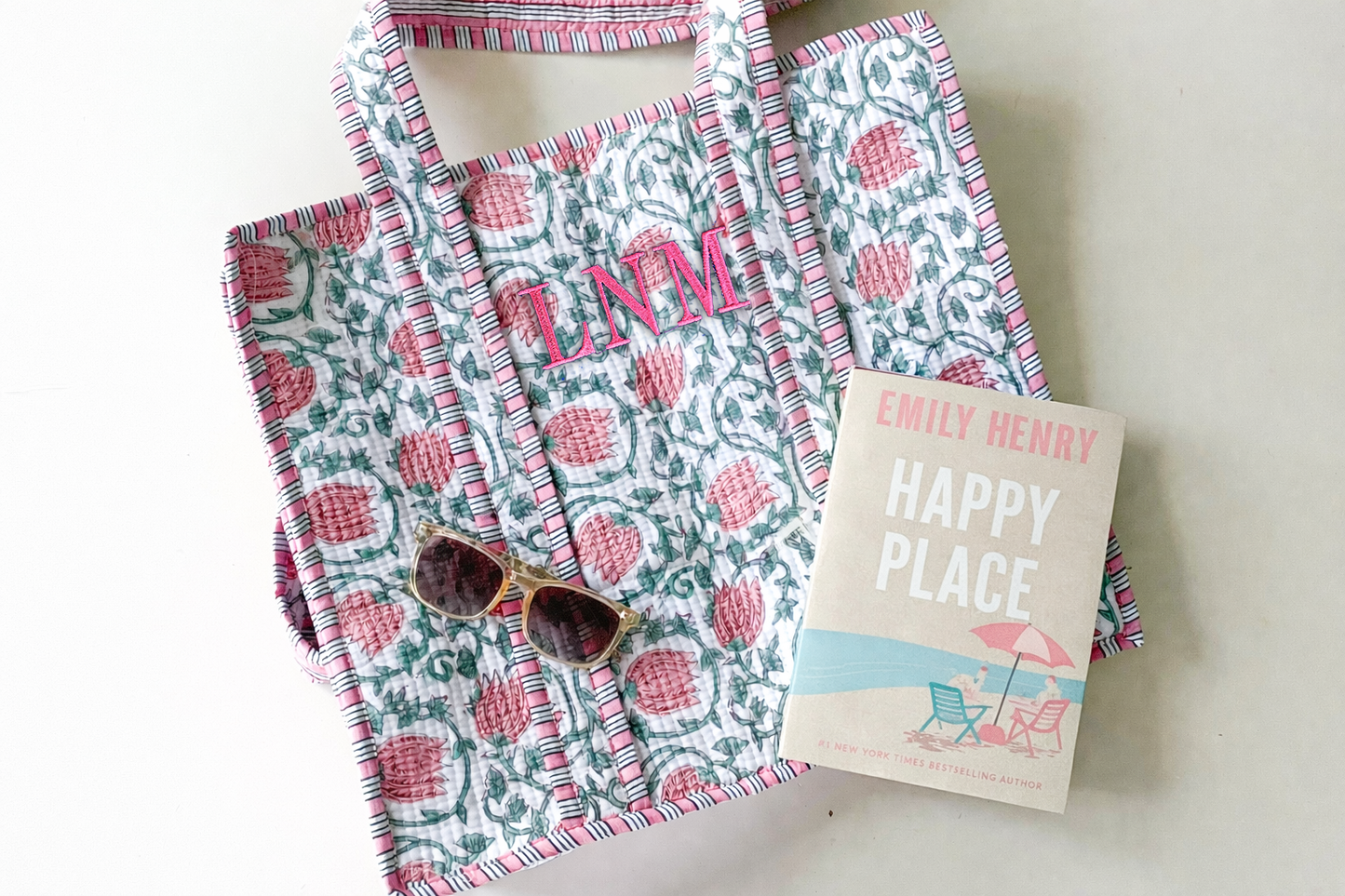 Pink Vine Block Print Totes with Classic 3 Initial Monogram