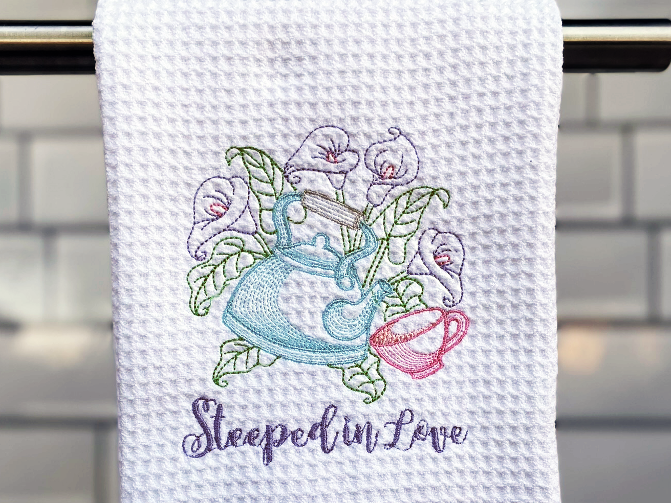 Embroidered Kitchen Waffle Towel for Tea Lovers