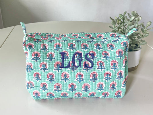 Turquoise Block Print Makeup Bag with Classic 3 Initial Monogram