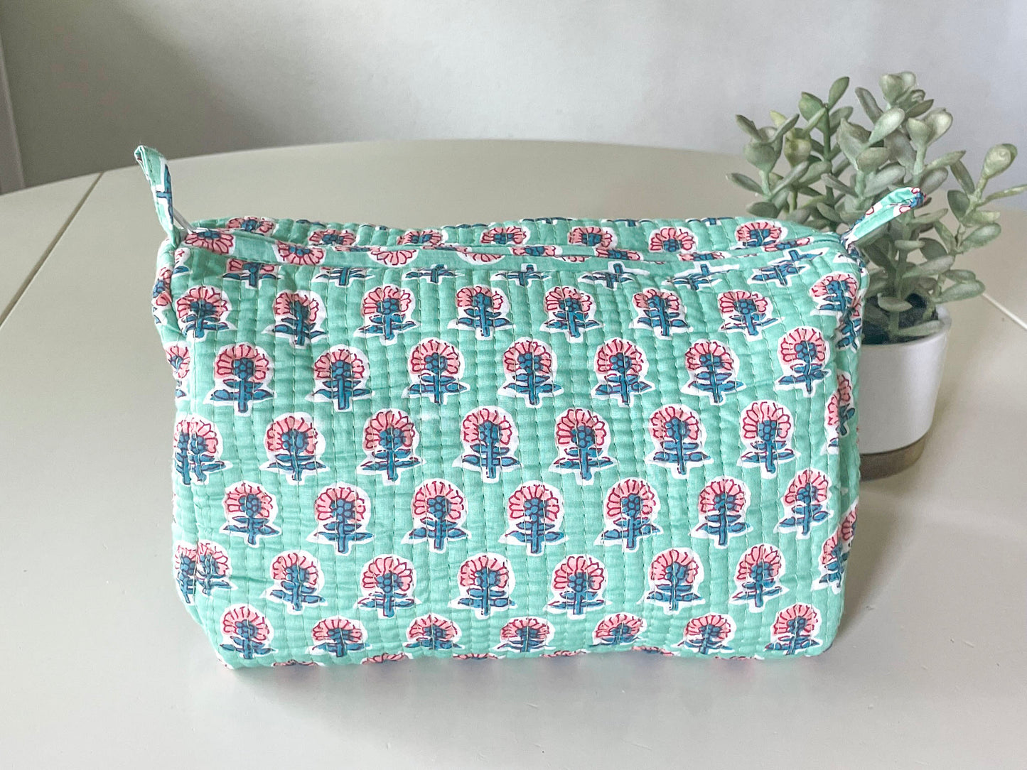 Turquoise Block Print Makeup Bag with Classic 3 Initial Monogram