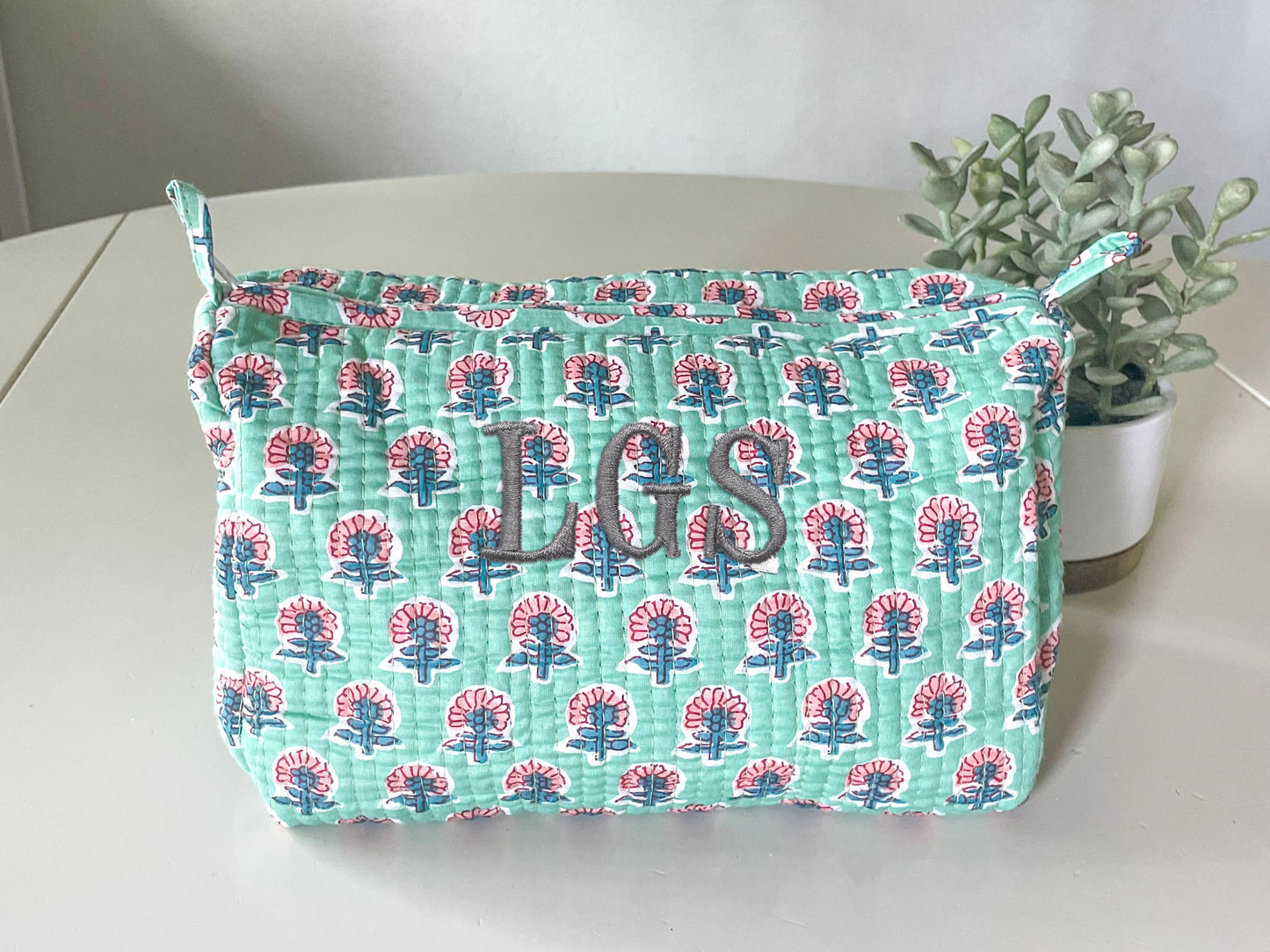 Turquoise Block Print Makeup Bag with Classic 3 Initial Monogram