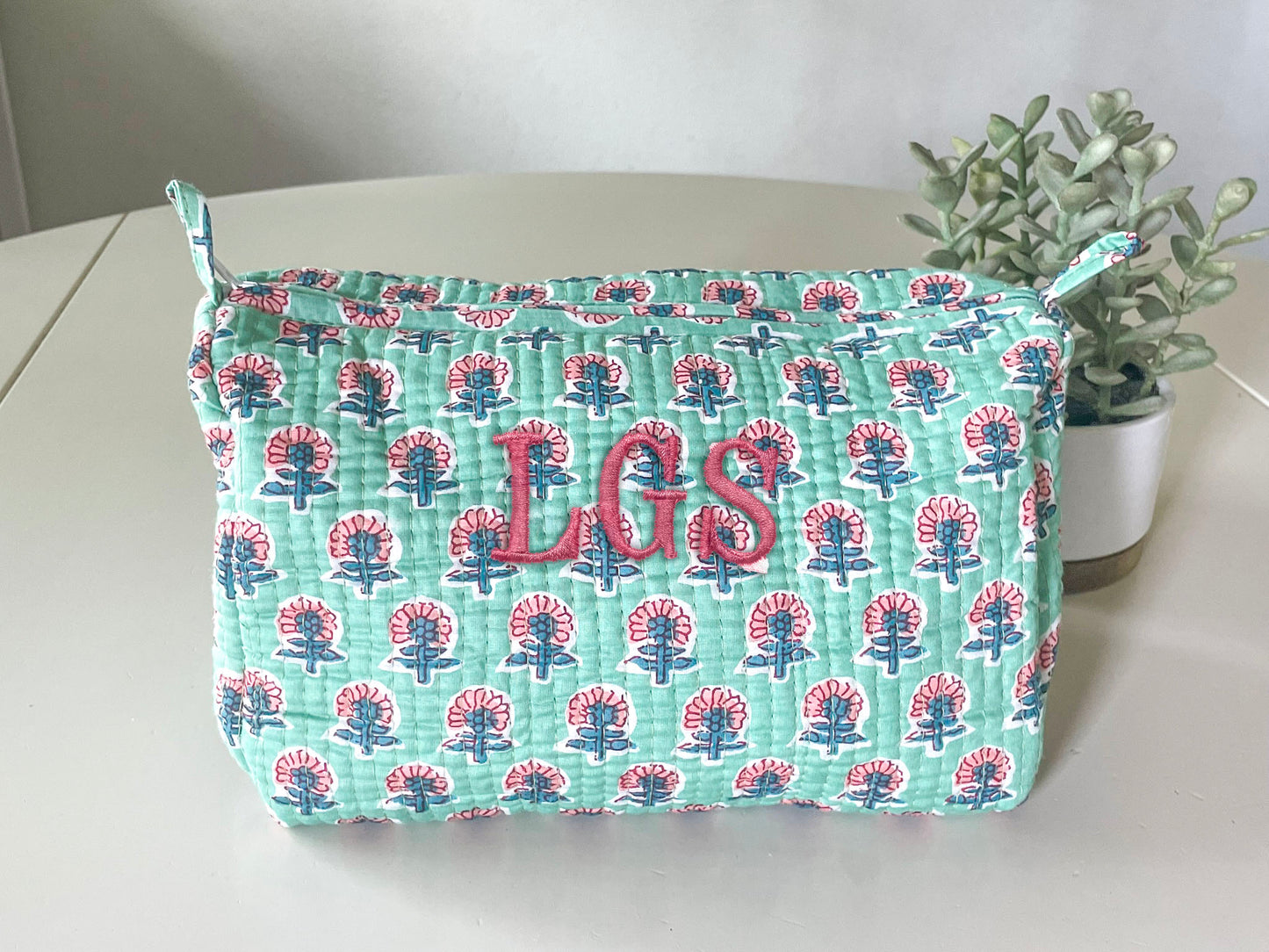 Turquoise Block Print Makeup Bag with Classic 3 Initial Monogram
