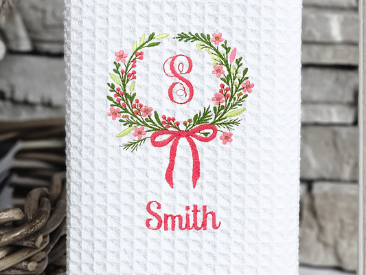 Pretty in Pink Floral Wreath Name Towel